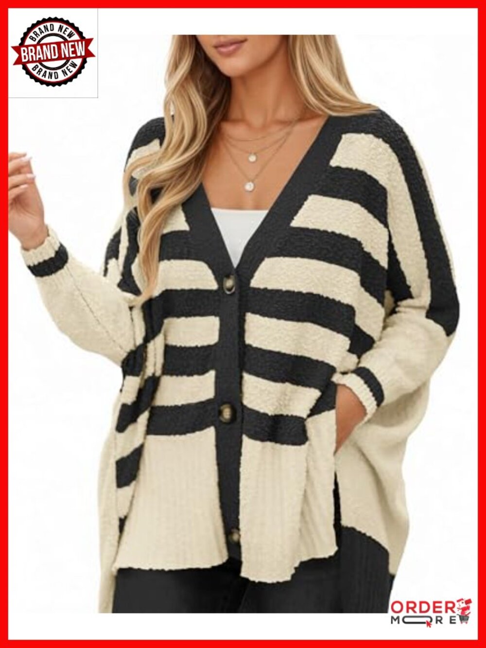 Oversized Striped Fuzzy Knit Cardigan Button Down Sweater